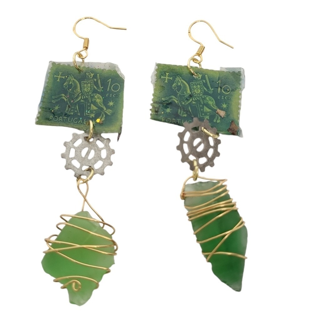 14K Gold PORTUGAL 1953-56 EQUESTRIAN SEAL OF KING DINIZ  StampSea Glass Earrings